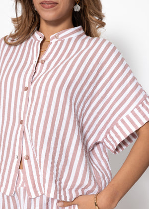 Short-sleeve Muslin Blouse with Stripes - Pink
