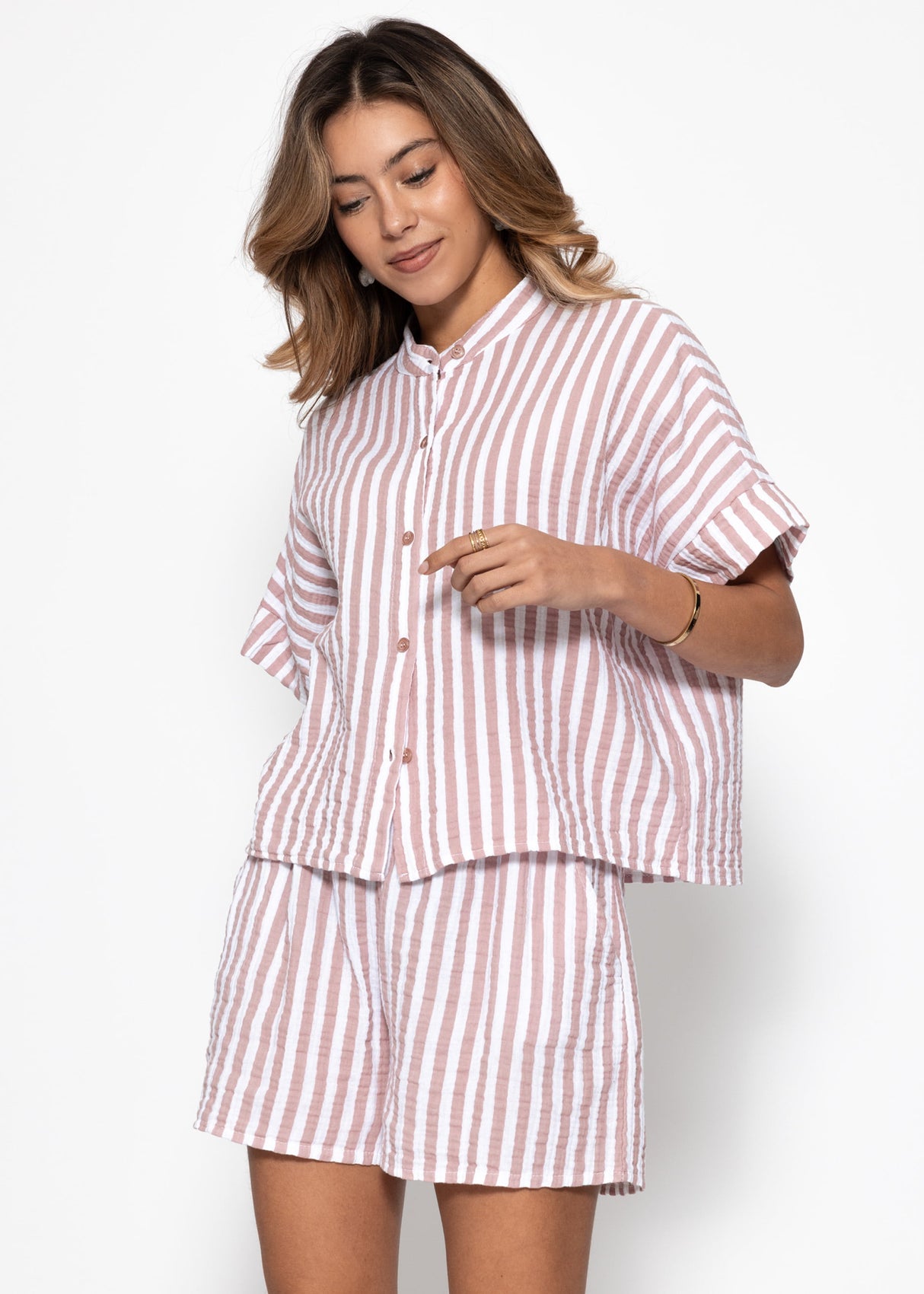 Short-sleeve Muslin Blouse with Stripes - Pink
