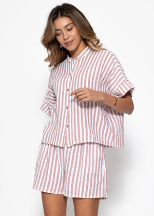 Short-sleeve Muslin Blouse with Stripes - Pink