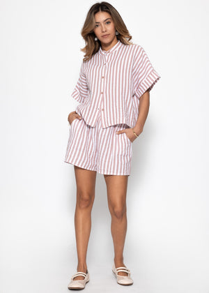 Short-sleeve Muslin Blouse with Stripes - Pink