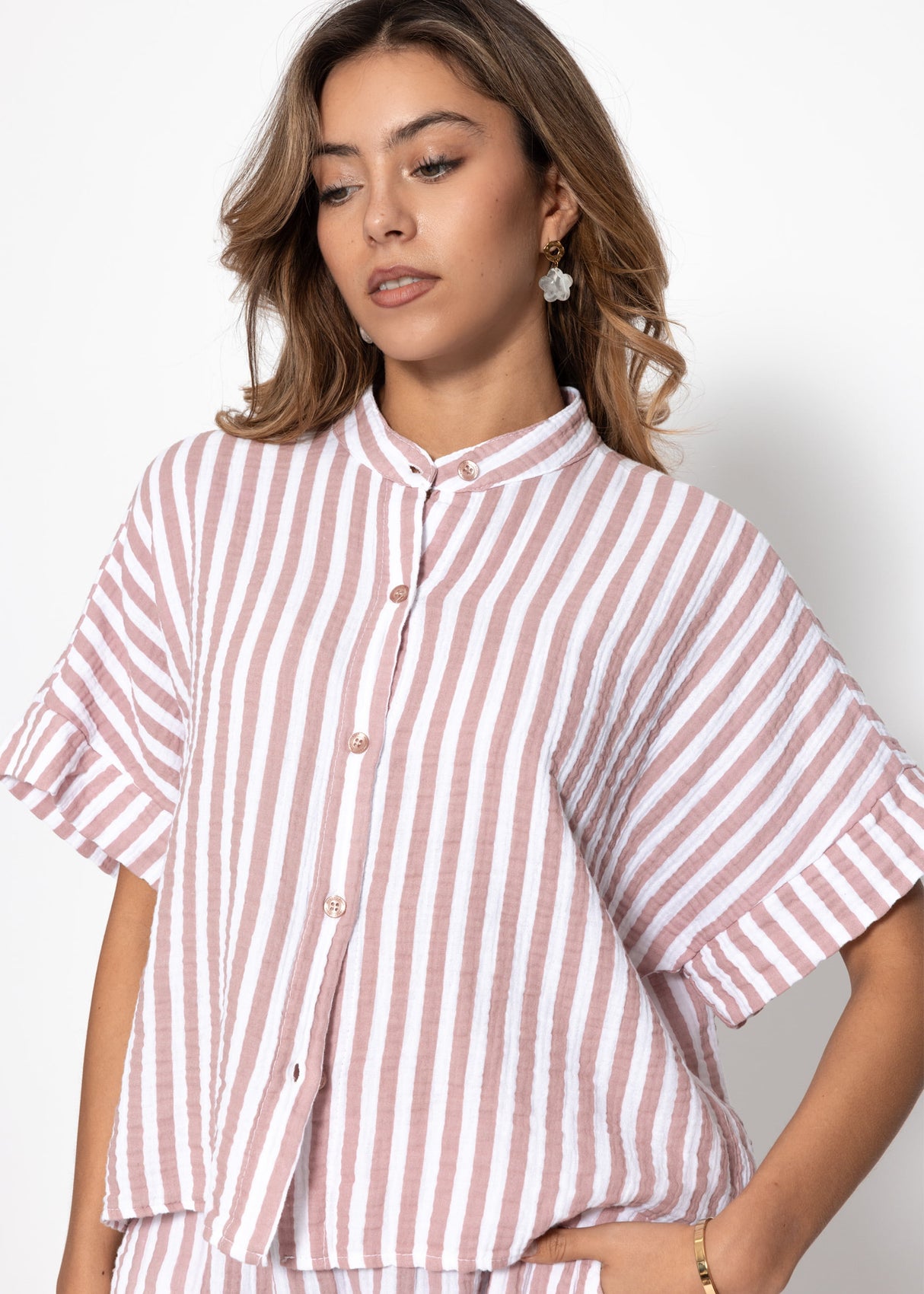 Short-sleeve Muslin Blouse with Stripes - Pink