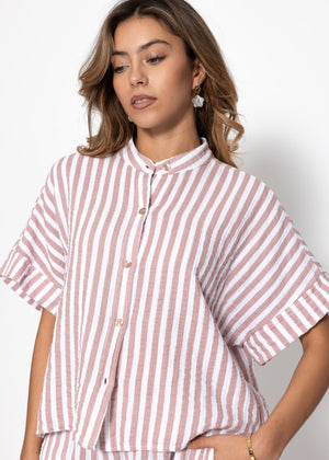 Short-sleeve Muslin Blouse with Stripes - Pink