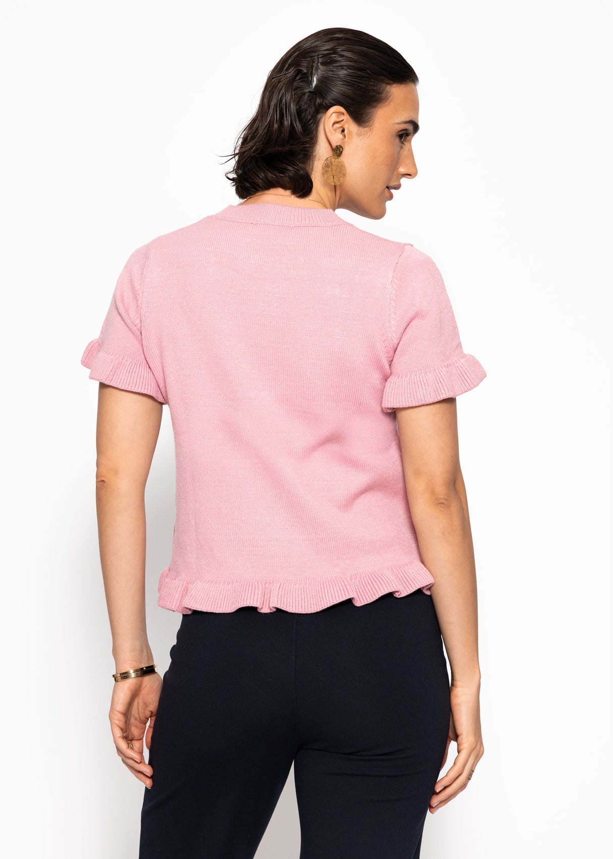 Short-sleeved sweater with ruffles - pink