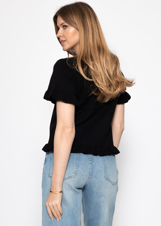 Kurzarm-Pullover mit Volants - schwarz