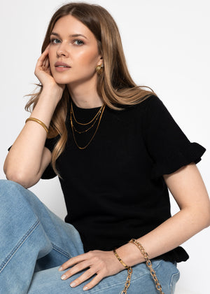 Kurzarm-Pullover mit Volants - schwarz