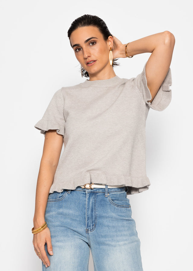 Kurzarm-Pullover mit Volants - grau