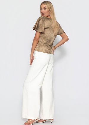 Kurzarm Satin Bluse mit Batik-Muster - braun