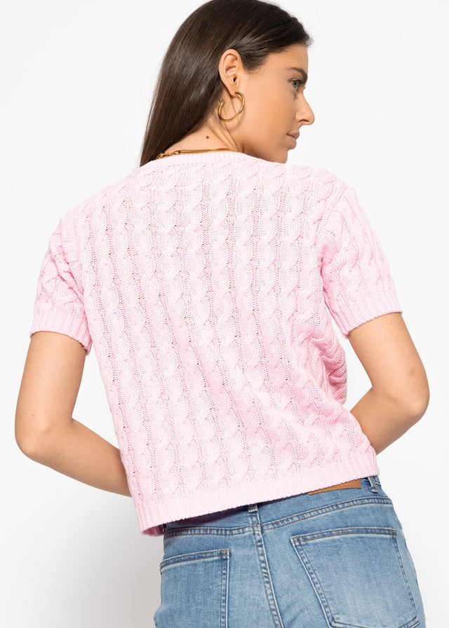 Kurzarm Strickjacke mit Zopfmuster - rosa