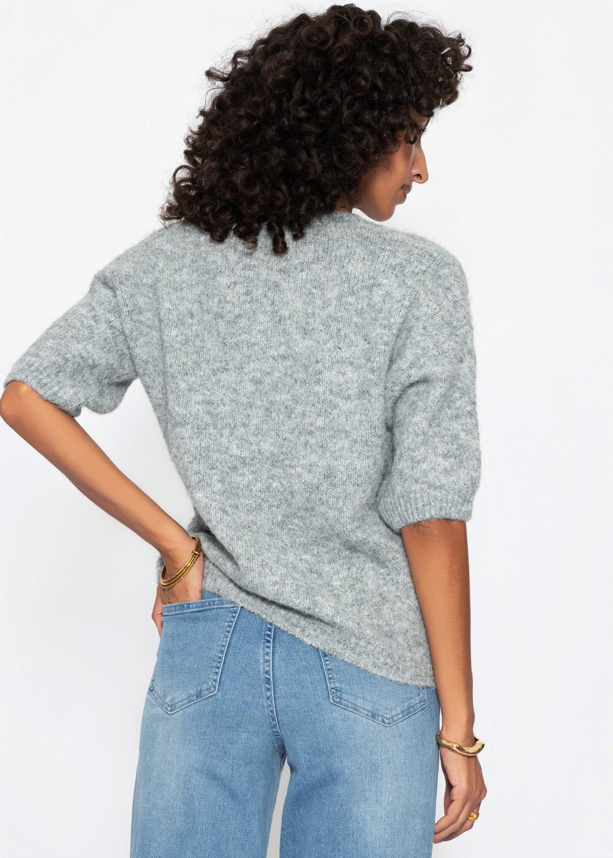 Kurzarm-Strickpullover mit V-Ausschnitt - hellgrau