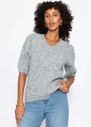 Kurzarm-Strickpullover mit V-Ausschnitt - hellgrau