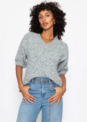 Kurzarm-Strickpullover mit V-Ausschnitt - hellgrau