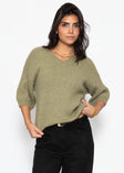 Kurzarm-Strickpullover mit V-Ausschnitt - khaki