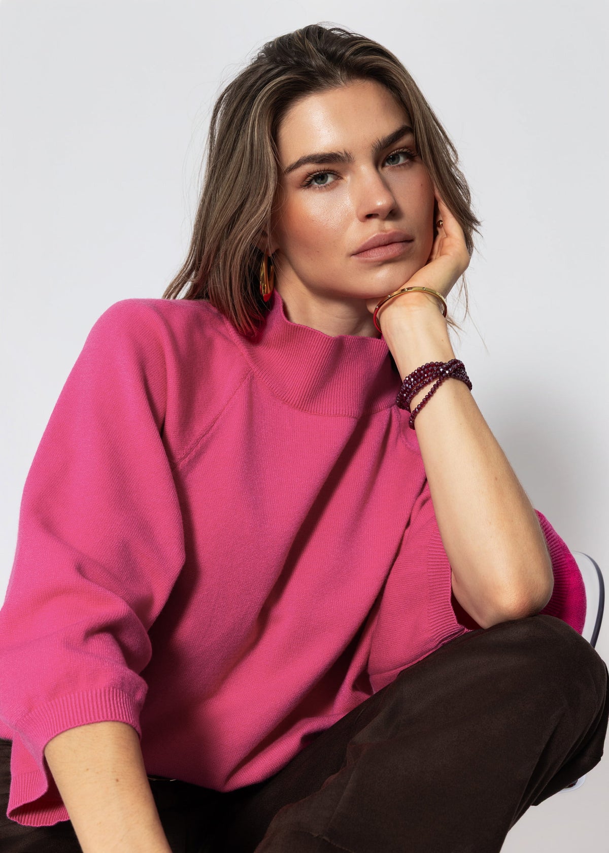 Kurzarm Strickpullover mit weiten Raglanärmeln - pink