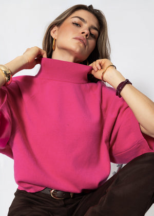 Kurzarm Strickpullover mit weiten Raglanärmeln - pink