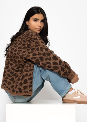 Kurzer Cardigan mit Leo-Print - camel-braun
