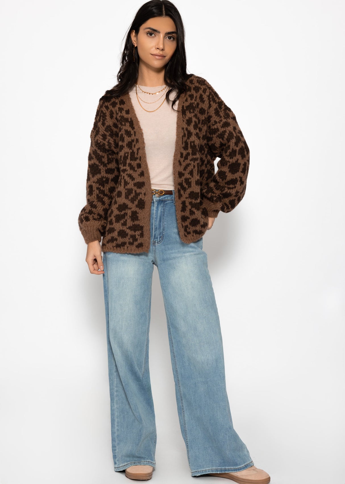 Kurzer Cardigan mit Leo-Print - camel-braun