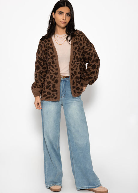 Short cardigan with leopard print - camel-brown