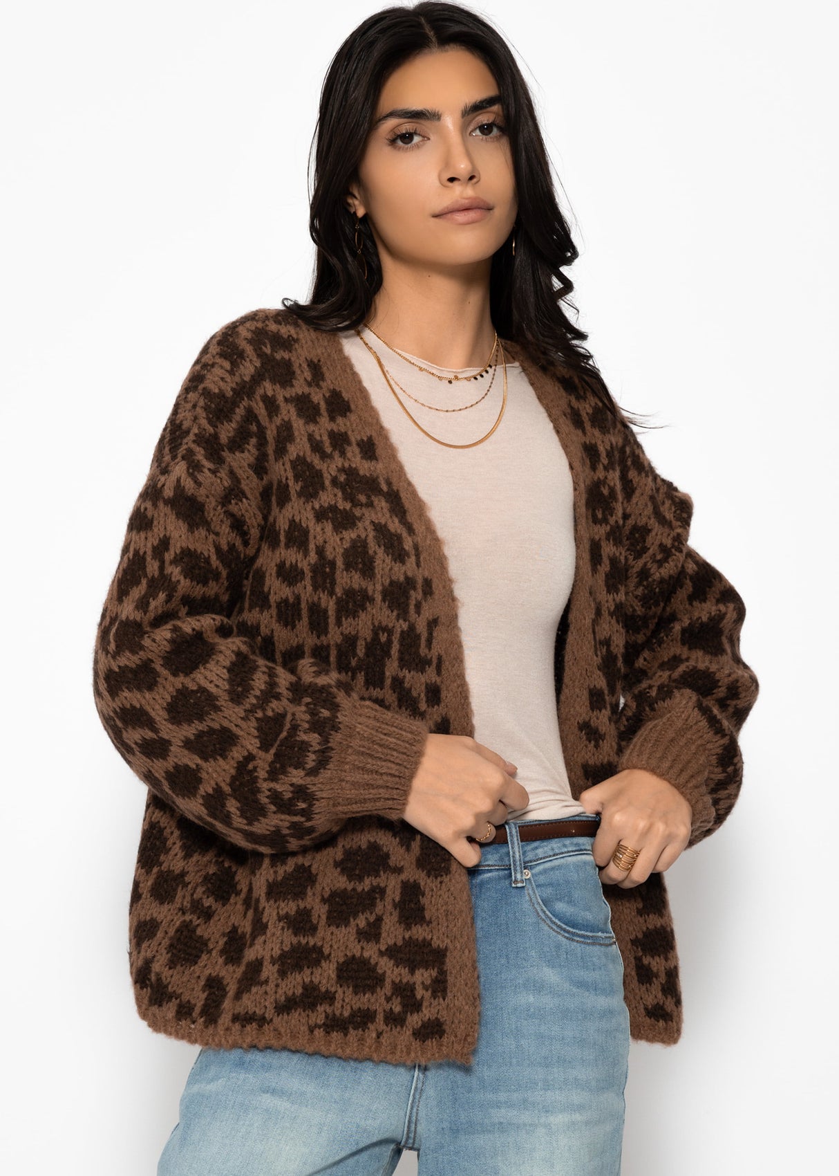 Kurzer Cardigan mit Leo-Print - camel-braun