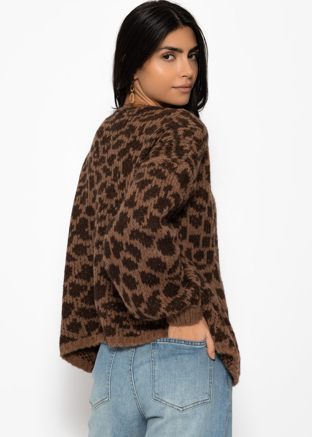 Kurzer Cardigan mit Leo-Print - camel-braun
