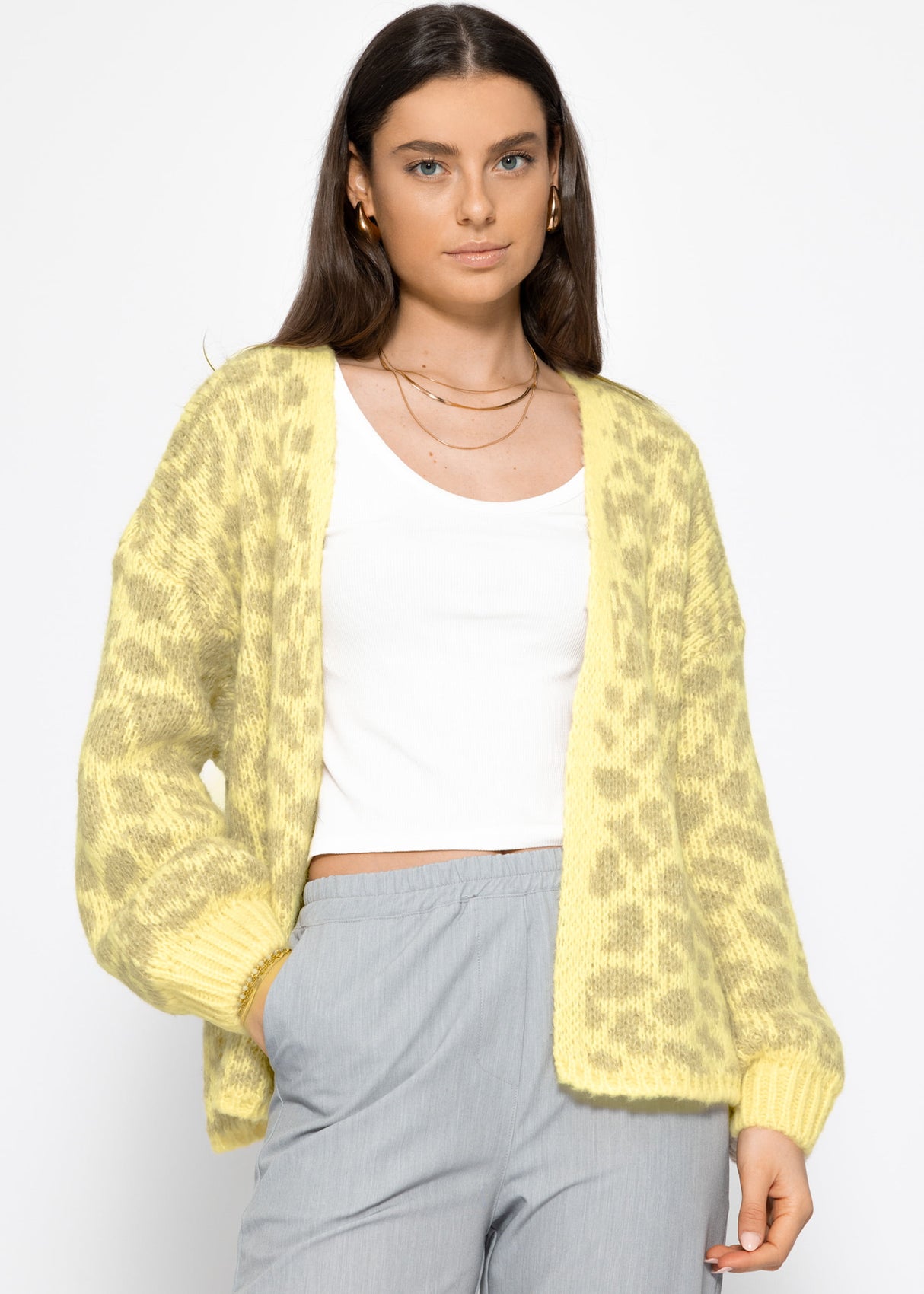 Kurzer Cardigan mit Leo-Print - gelb-beige