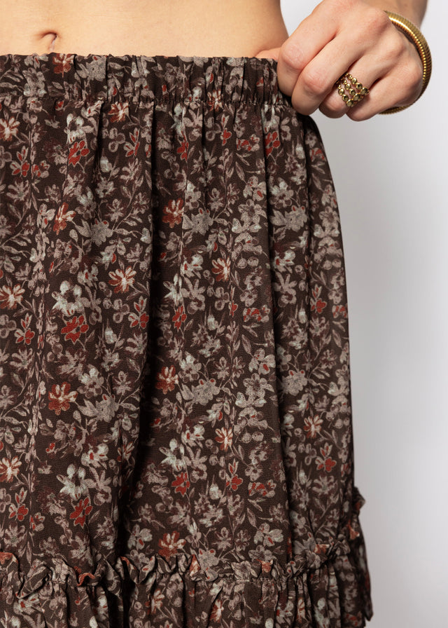 Kurzer Volant-Rock mit floralem Print - braun