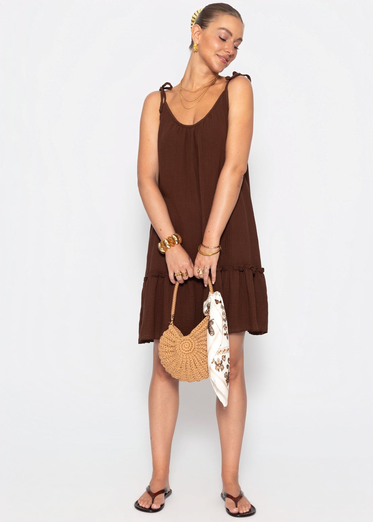 Kurzes Musselin Strandkleid - braun