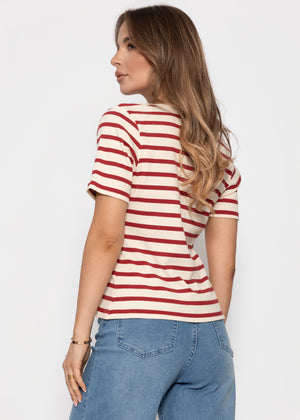 Lässiges Ripp T-Shirt mit V-Ausschnitt - rot-weiß