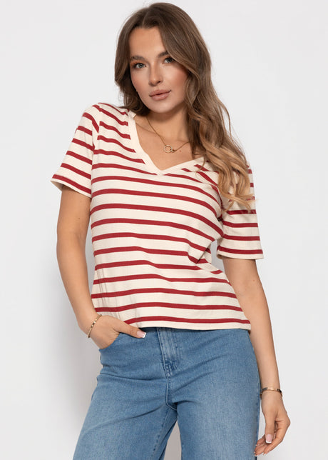 Lässiges Ripp T-Shirt mit V-Ausschnitt - rot-weiß von SASSYCLASSY
