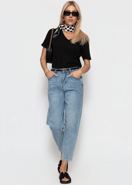 Relaxed ribbed T-shirt with V-neck - black