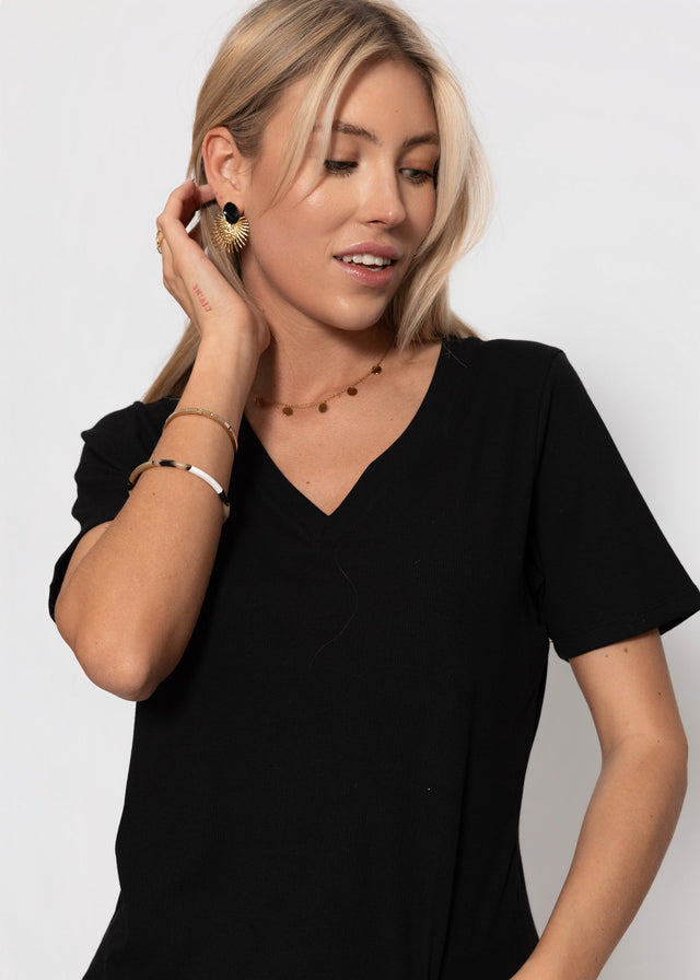 Lässiges Ripp T-Shirt mit V-Ausschnitt - schwarz