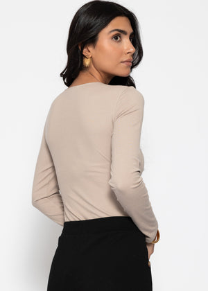 Long-sleeved bodysuit with round neck - beige