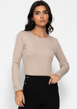 Long-sleeved bodysuit with round neck - beige