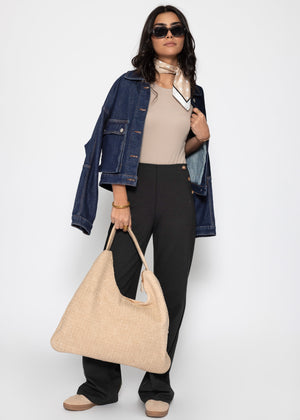 Long-sleeved bodysuit with round neck - beige