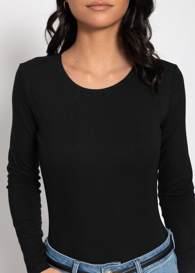 Long-sleeved bodysuit with crew neck - black