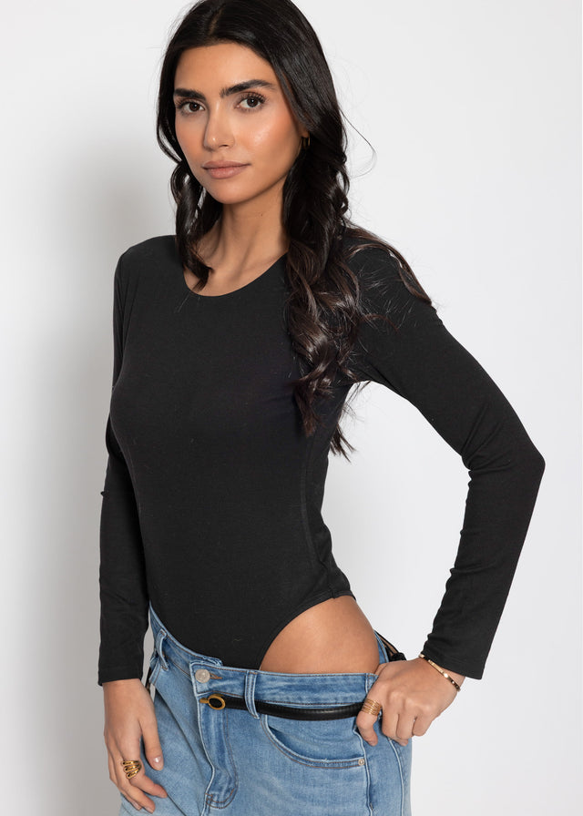 Long-sleeved bodysuit with crew neck - black