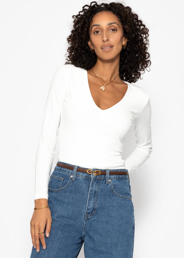 Long-sleeved bodysuit with V-neck - white