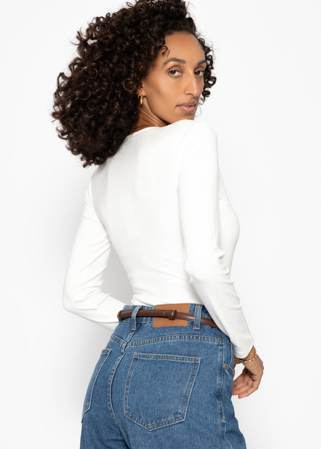 Long-sleeved bodysuit with V-neck - white