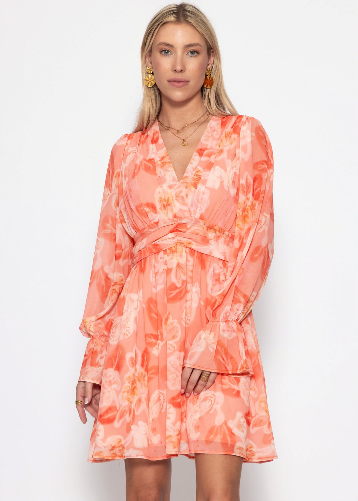 Langarm-Chiffonkleid mit Blumenprint - koralle