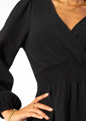 Muslin dress with V-neck - black