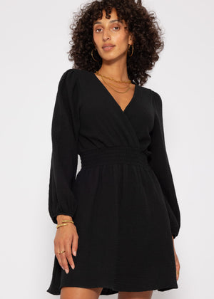 Muslin dress with V-neck - black