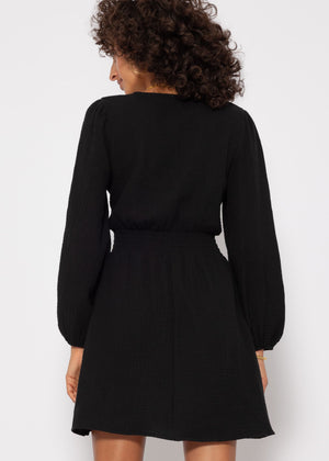 Muslin dress with V-neck - black