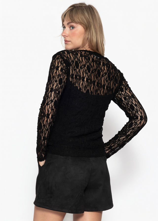 Langarm-Spitzenshirt mit integriertem Top - schwarz