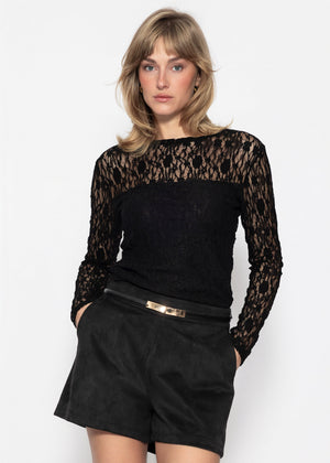 Langarm-Spitzenshirt mit integriertem Top-Bereich - schwarz