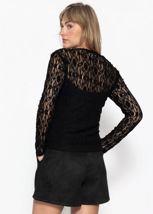 Langarm-Spitzenshirt mit integriertem Top-Bereich - schwarz