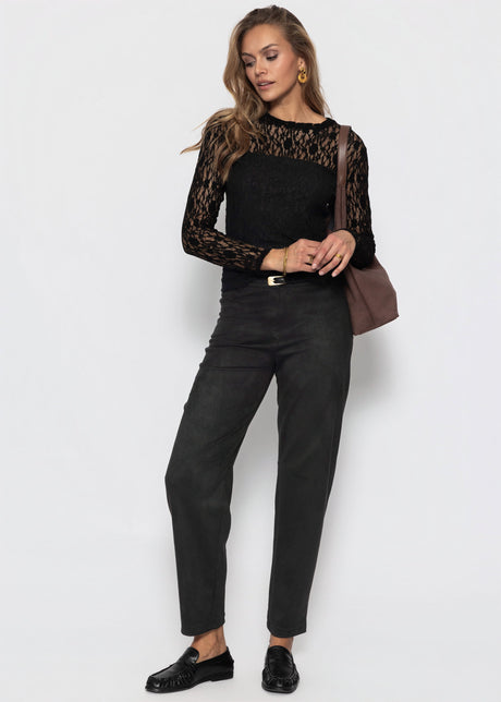 Langarm-Spitzenshirt mit integriertem Top-Bereich - schwarz