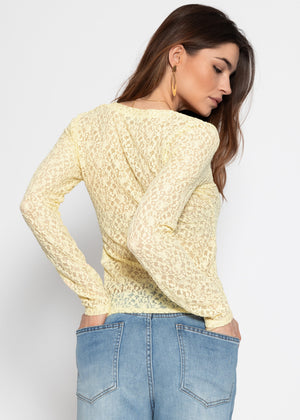 Langarm Spitzenshirt mit V-Ausschnitt - buttergelb