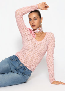 Langarm Spitzenshirt mit V-Ausschnitt - rosa
