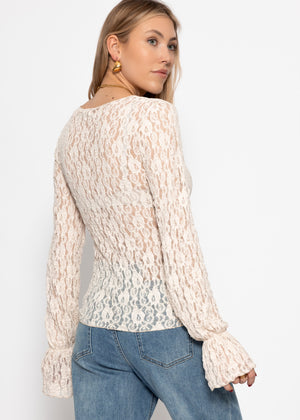 Long-sleeved lace shirt with flounce sleeves - cream