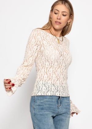 Long-sleeved lace shirt with flounce sleeves - cream