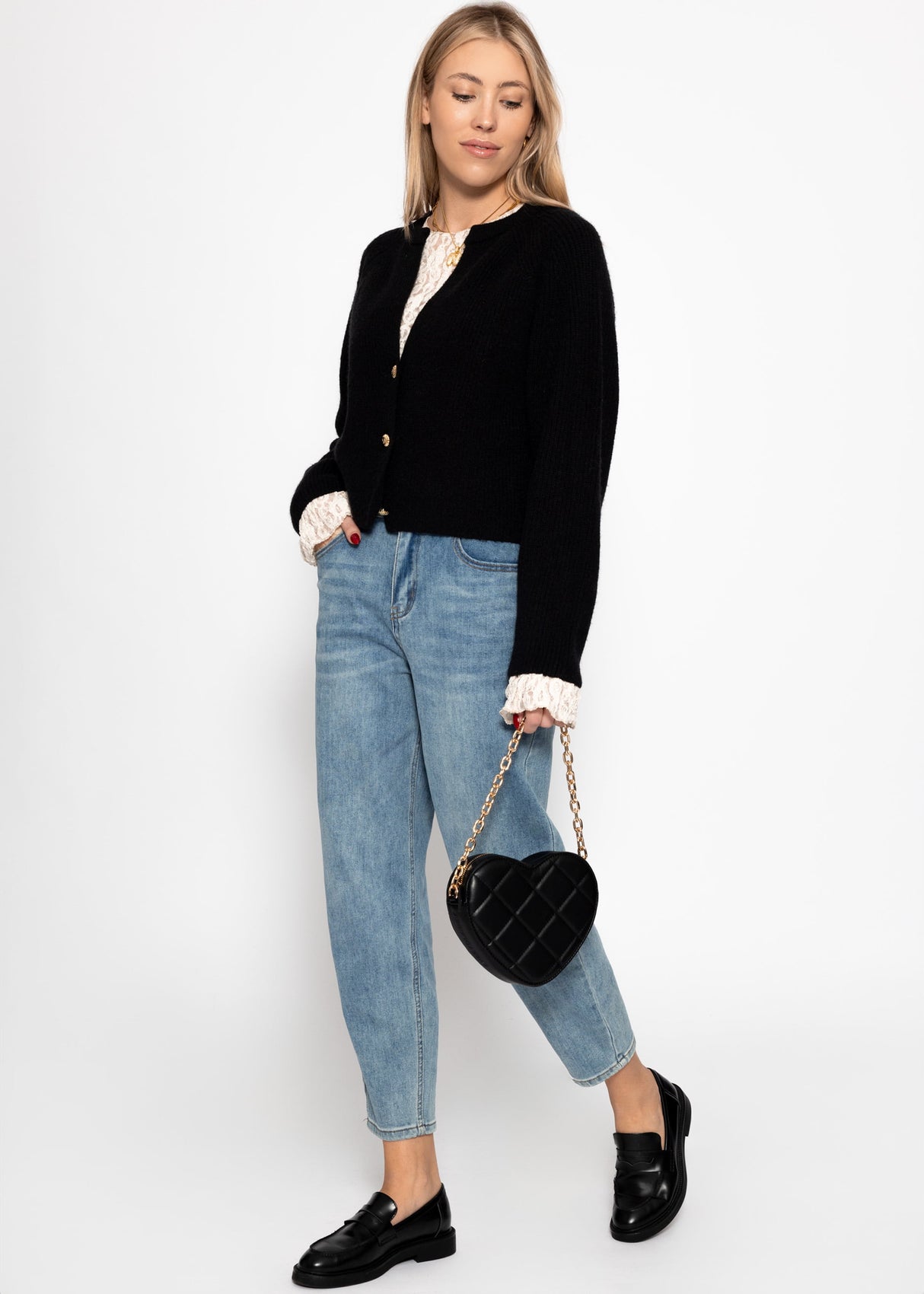 Long-sleeved lace shirt with flounce sleeves - cream
